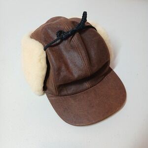 Orvis Hat Men's Brown Leather Shearling Ear Flap Winter Trapper Cap Trapper Hat